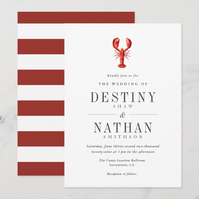 Red Tide | Lobster Themed Wedding Red|White Invitation (Front/Back)