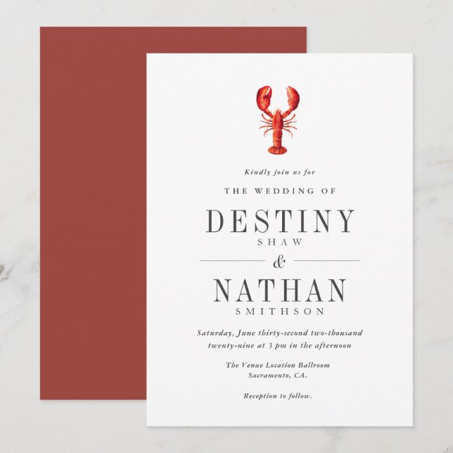 Red Tide | Lobster Themed Wedding Scarlet | White Invitation (Front/Back)