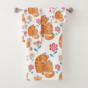 Red tiger cat mother with baby Mother's day  Bath Towel Set