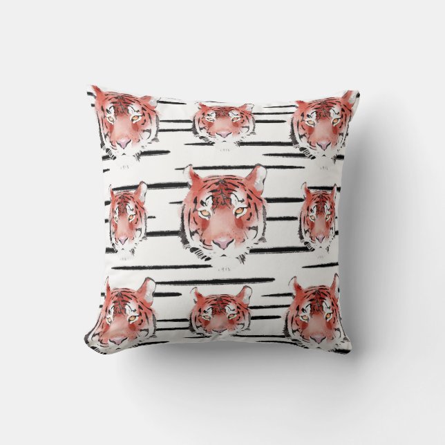 Red Tiger Watercolor Black Stripes Zodiac Animal  Cushion (Front)