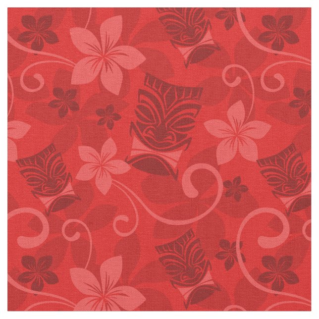Red Tiki Masks Hawaiian Fabric (Close Up)