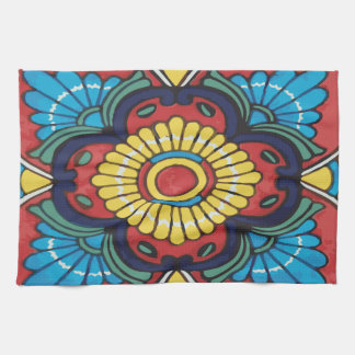 Red tile mexican talavera ceramics tea towel