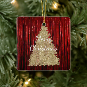Red Tinsel Gold Christmas Tree Ceramic Ornament