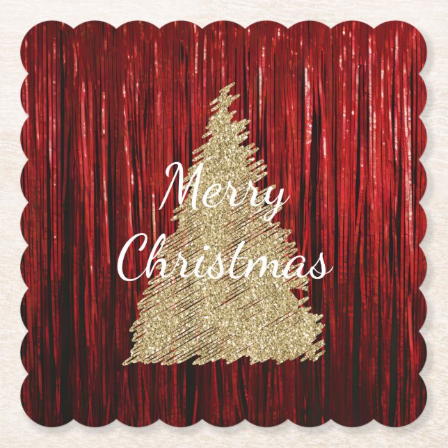 Red Tinsel Gold Christmas Tree Paper Coaster (Front)