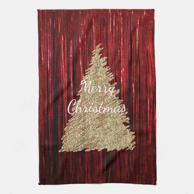 Red Tinsel Gold Christmas Tree Tea Towel (Vertical)