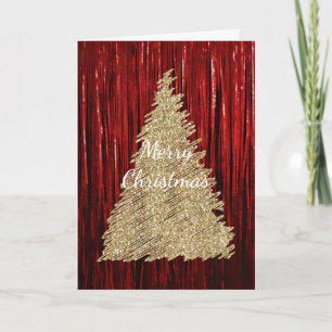 Red Tinsel Gold Glitter Christmas Tree Card