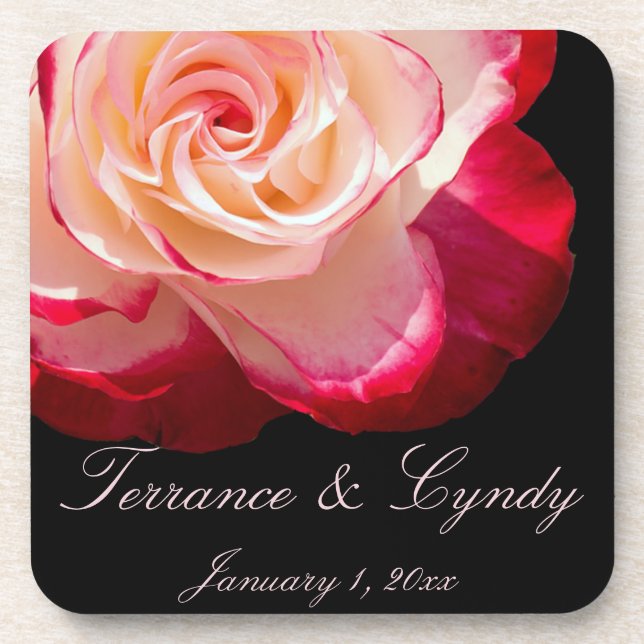 Red Tipped White Rose Personal Wedding Coaster (Front)