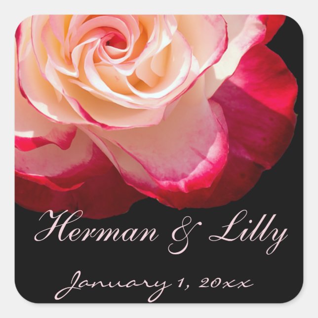 Red Tipped White Rose Personalised Wedding Square Sticker (Front)