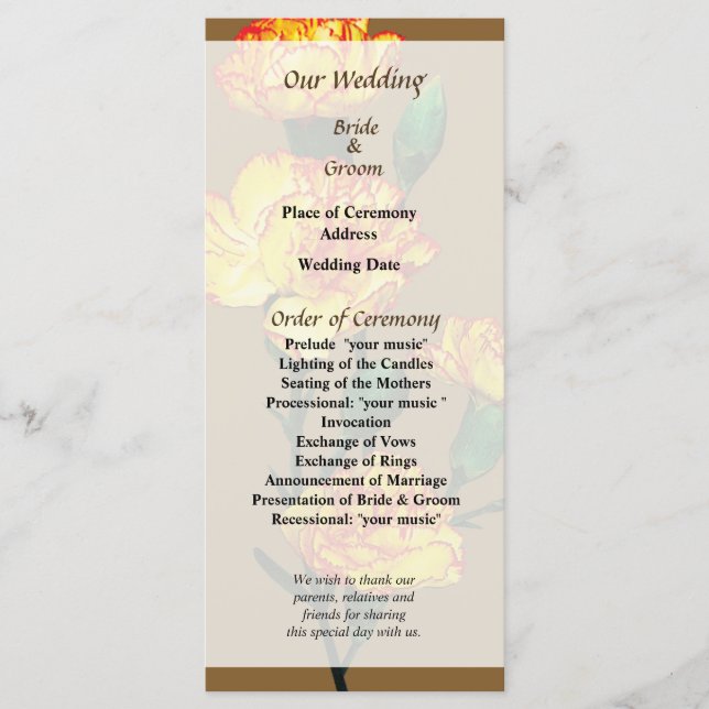Red-Tipped Yellow Carnations Wedding Program Programme (Front)
