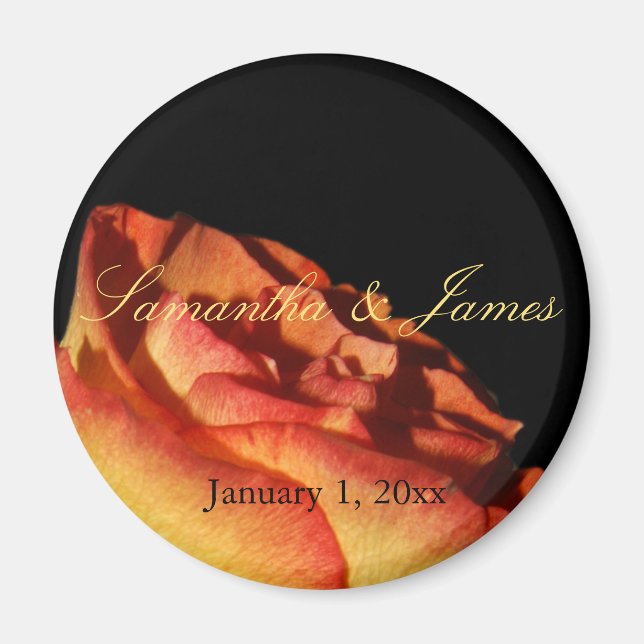 Red Tipped Yellow Rose on Black Personal Wedding Magnet (Front)