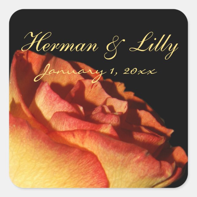 Red Tipped Yellow Rose Personalised Wedding Square Sticker (Front)