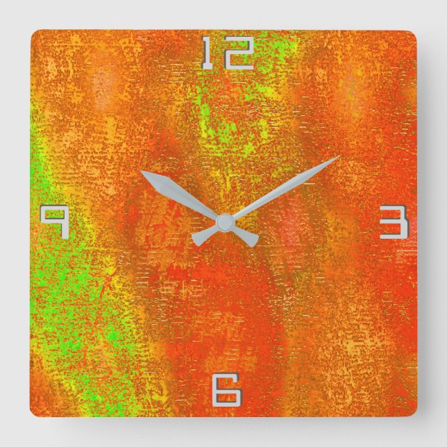 Red to lime with grooves and skinned stained paint square wall clock (Front)