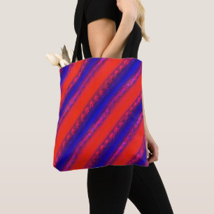 Red to royal blue wide cross stripes in lacy style tote bag