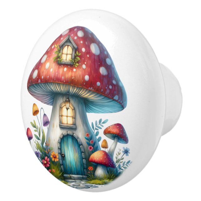 Red Toadstool Fairy House Ceramic Knob (Right)