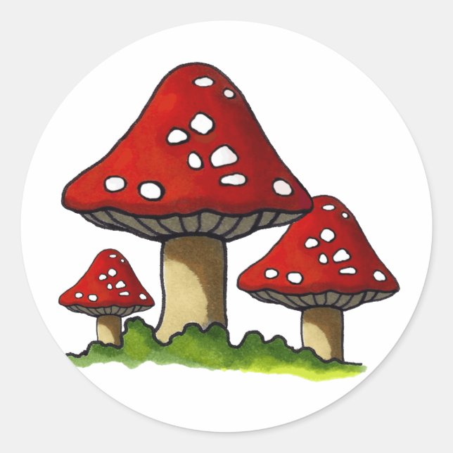 Red Toadtstools, Mushroom: Freehand Art Classic Round Sticker (Front)