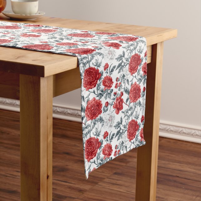 Red Toile Charm - Classic Floral Appeal Long Table Runner (In Situ)