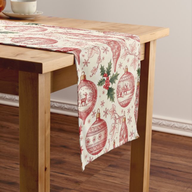 Red Toile Chinoiserie Christmas Ornaments Medium Table Runner (In Situ)