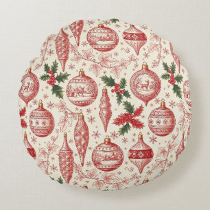 Red Toile Chinoiserie Christmas Ornaments Round Cushion