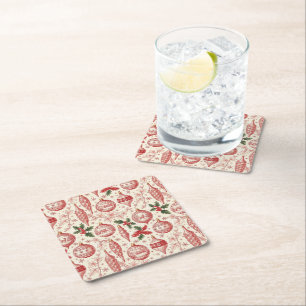 Red Toile Chinoiserie Christmas Ornaments Square Paper Coaster