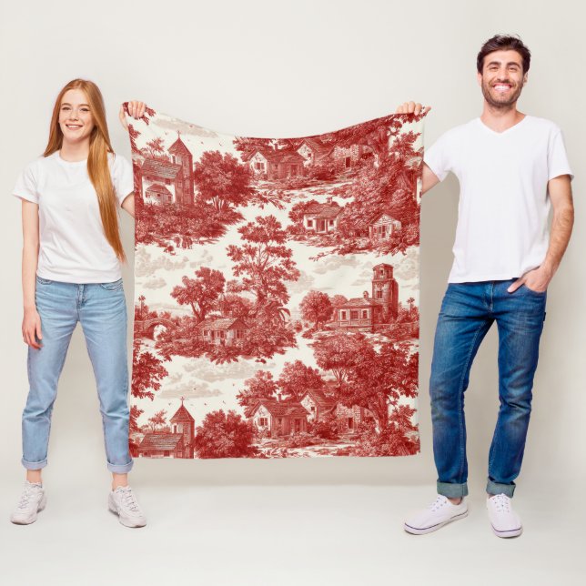 Red Toile Countryside Scene (8) Fleece Blanket (In Situ)