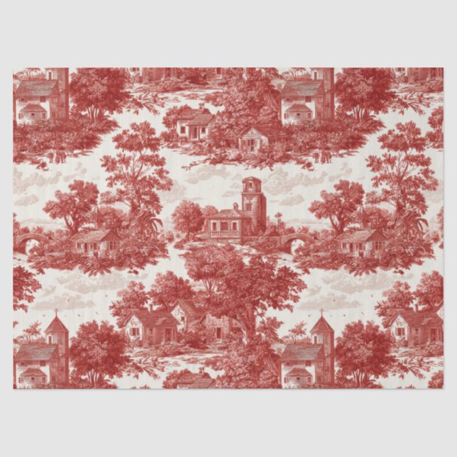 Red Toile Countryside Scene (8) Tissue Paper (Front)