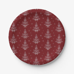 Red Toile De Jouy Coquette Christmas Foliage Paper Plate