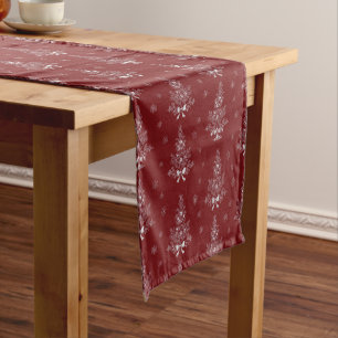 Red Toile De Jouy Coquette Christmas Foliage Short Table Runner