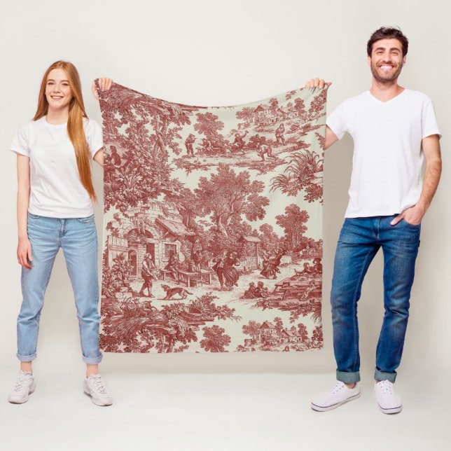 Red Toile de Jouy Fleece Blanket (In Situ)