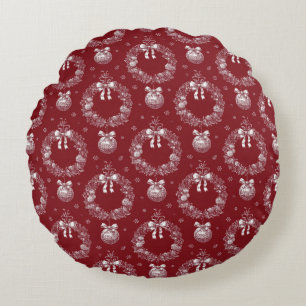 Red Toile De Jouy Holiday Wreath and Ornament Round Cushion