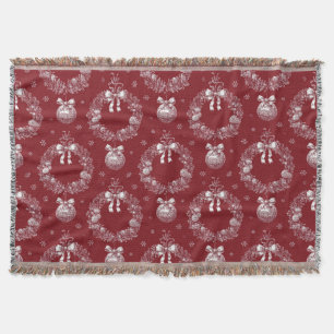 Red Toile De Jouy Holiday Wreath and Ornament Throw Blanket