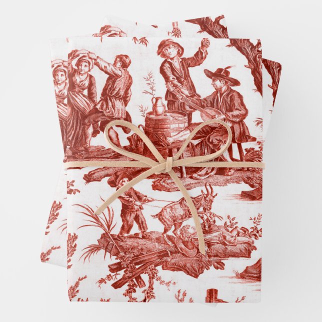 Red Toile de Jouy Wrapping Paper Sheet (In situ)