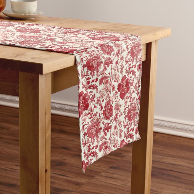 Red Toile Elegance - Classic Floral Design Long Table Runner (In Situ)