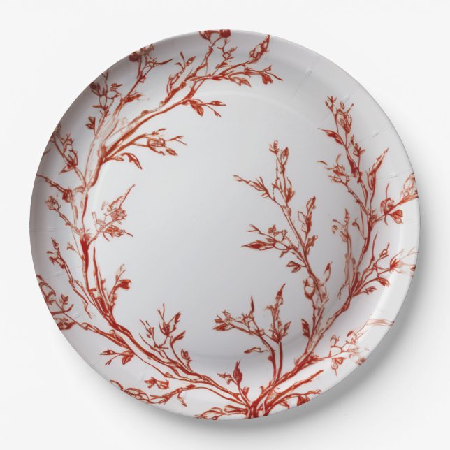 Red Toile Elegant Christmas Paper Plate (Front)