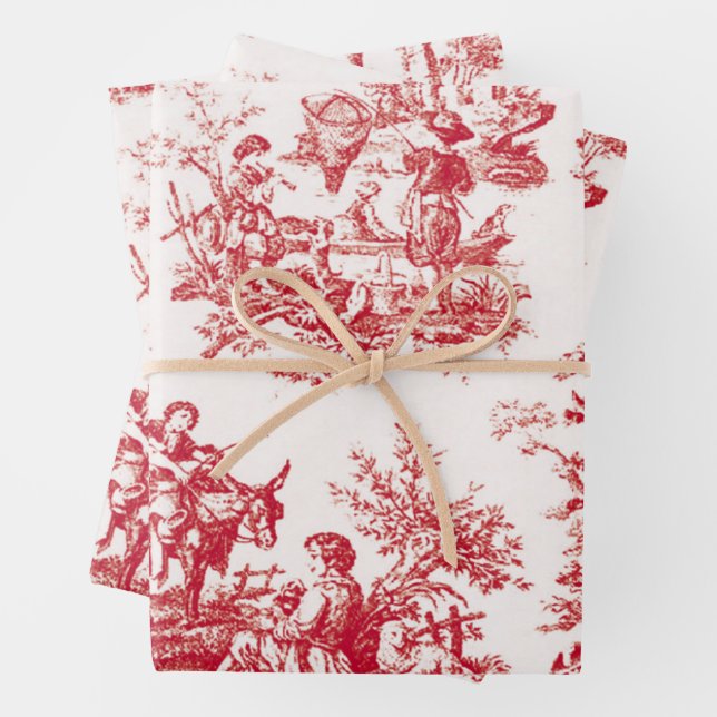 Red Toile Holiday  Wrapping Paper Sheet (In situ)