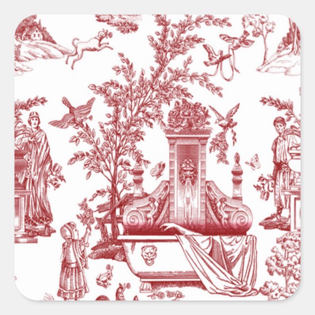 Red Toile Pattern Design Square Sticker (Front)