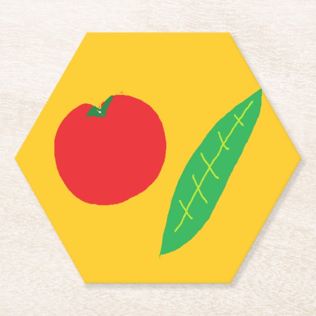 Red tomato and green leaf on orange paper coaster (Front)