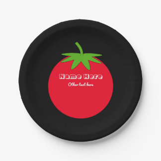 Red Tomato White Custom Text on Black, Food Themed Paper Plate