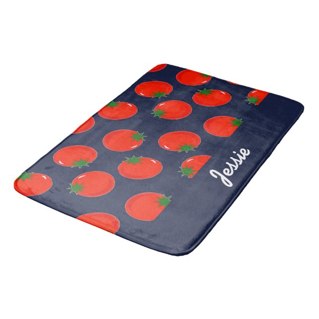 Red tomatoes on blue bath mat (Angled)