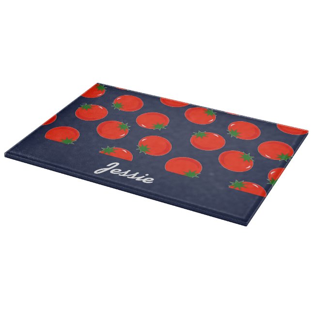 Red tomatoes on blue cutting board (Corner)