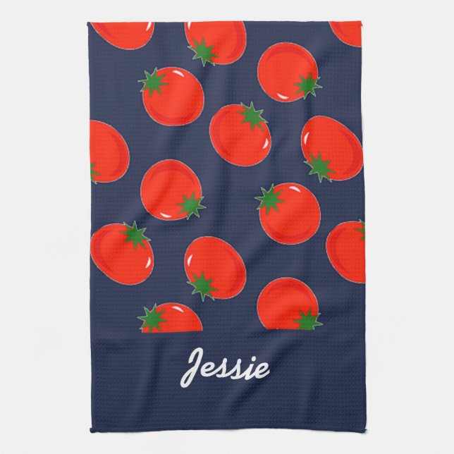 Red tomatoes on blue tea towel (Vertical)