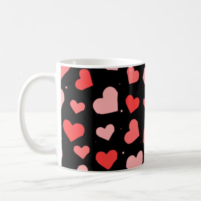 Red Tones Hearts on Black Background Pattern  Coffee Mug (Left)