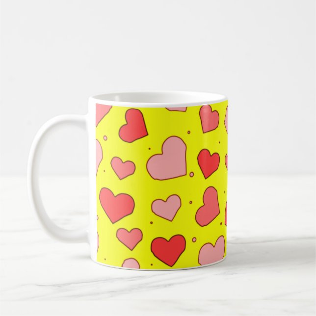 Red Tones Hearts on Yellow Background Pattern  Coffee Mug (Left)