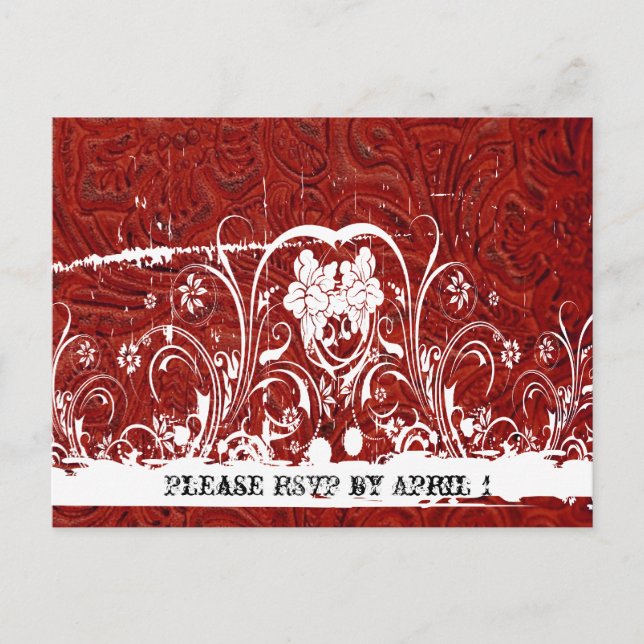 Red Tooled Leather RSVP Invitation Postcard (Front)