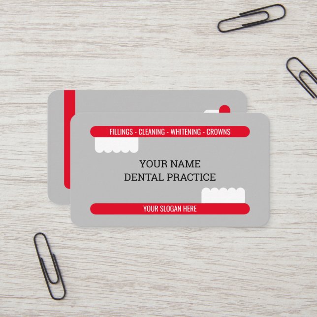 Red toothbrush logo professional dentist office business card (Front/Back In Situ)
