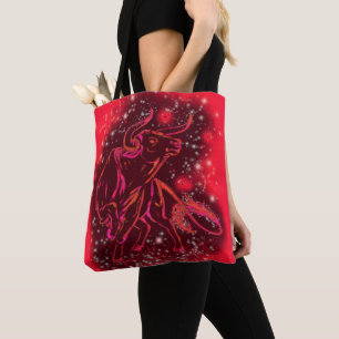 Red Tote Bag Bull Running At Starry Night