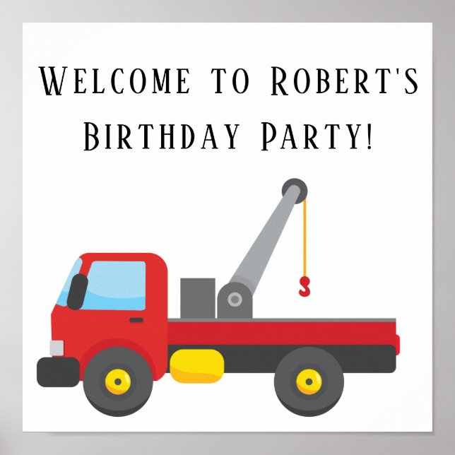 Red Tow Truck Birthday Party Square Poster (Front)