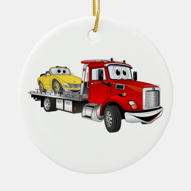 Red Tow Truck Flatbed Cartoon Ceramic Tree Decoration (Front)
