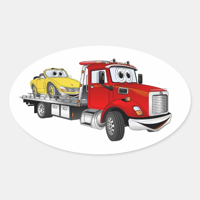 Red Tow Truck Flatbed Cartoon Oval Sticker (Front)