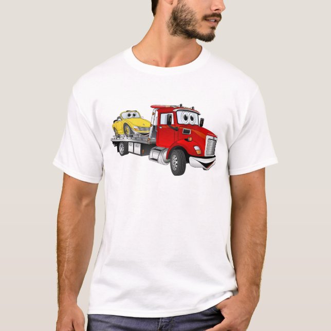Red Tow Truck Flatbed Cartoon T-Shirt (Front)
