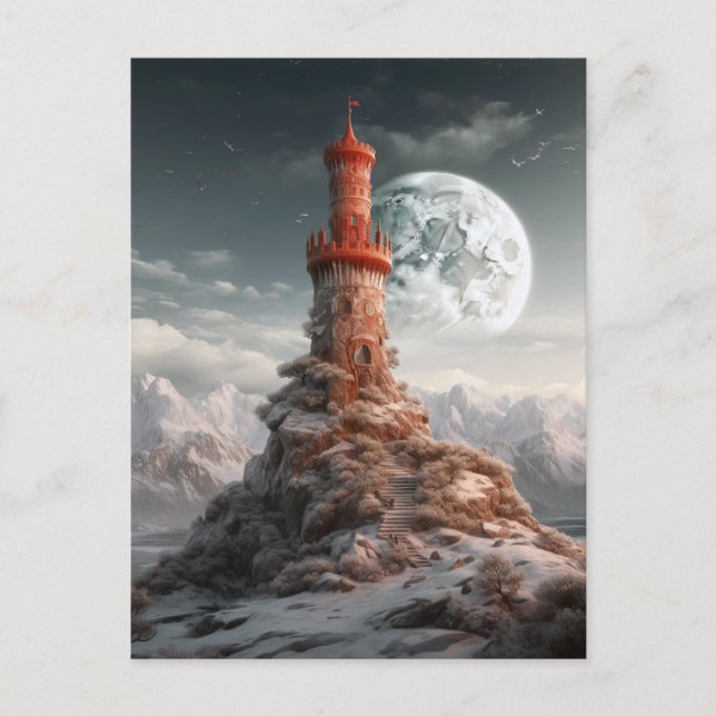 Red Tower Full Moon Landscape Fantasy Art Postcard (Front)